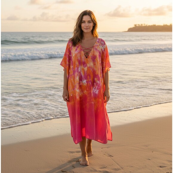 Tommy Bahama Tidal Tie Dye V-Neck Long Caftan L XL Pink Cover Up Tassel Beach - Picture 1 of 14